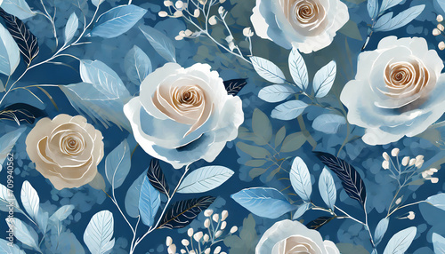 seamless pattern with roses and leaves_ blue creative abstract backgrownd photo