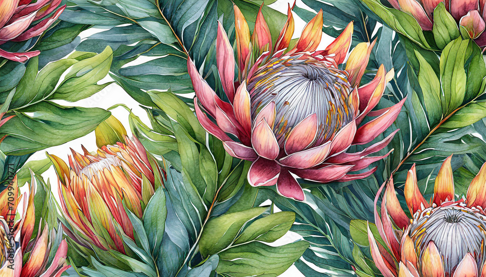 Fototapeta Seamless tropical pattern. Exotic background with protea flowers and tropical leaves. Vintage watercolor hand drawing illustration. Suitable for fabric design, wrapping paper, wallpaper