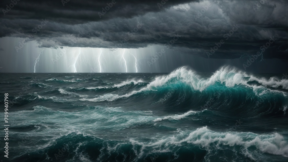 A violent ocean storm that produced a chaotic and perilous scene with its dark, churning seas and powerful lightning strikes