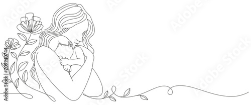 Mother and son line art vector illustration, mothers day celebration background	