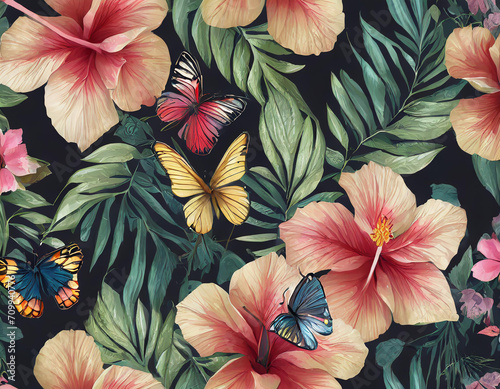 Seamless tropical wallpaper with flowers  leaves  butterflies. Floral pattern with hibiscus. Dark vintage botanical background. Premium 3d illustration. Luxury design for wallpaper  paper  clothing