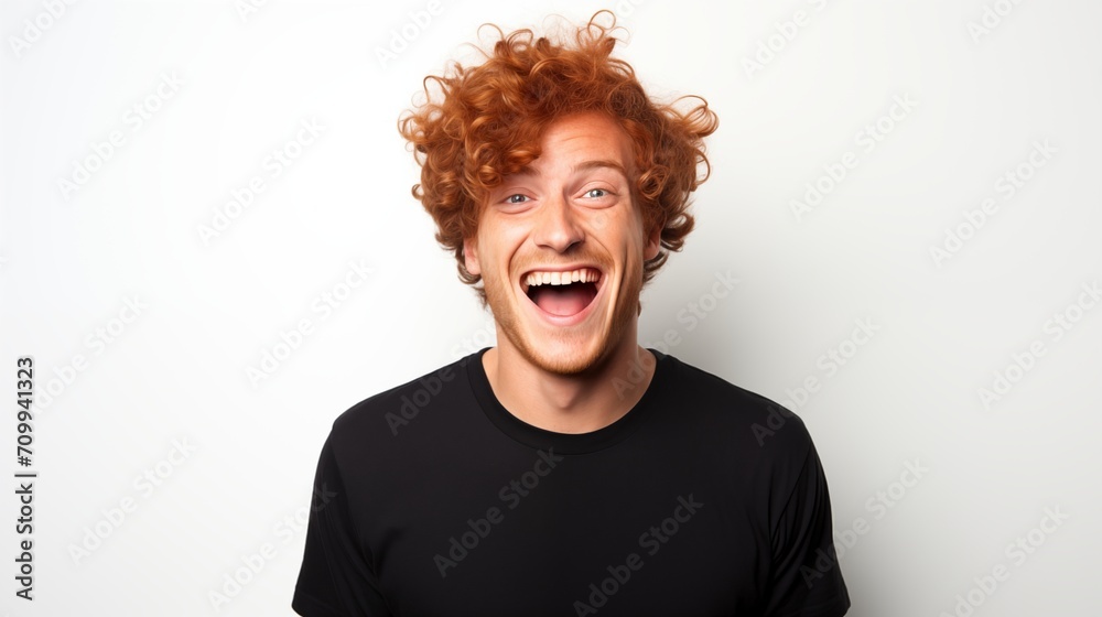 Ginger curly guy laughing excited portrait image