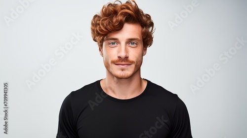 Curls red haired adult man smiling tenderly portrait image