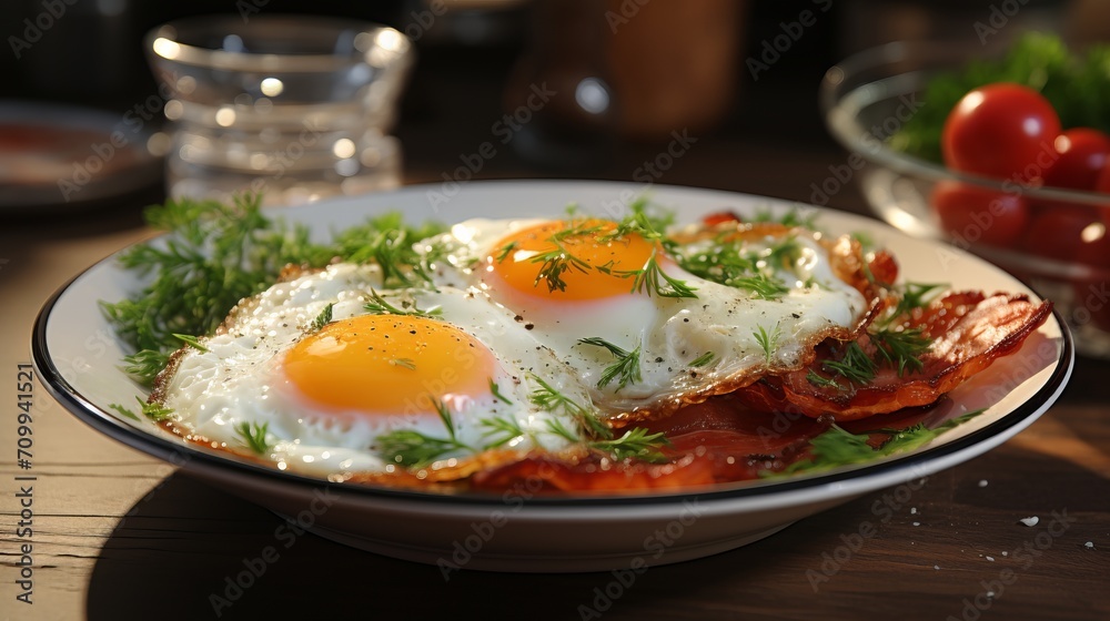 Traditional breakfast with fried eggs and bacon on the plate. Traditional breakfast with fried eggs and bacon on the plate.