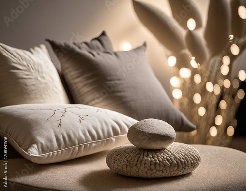 Soft and serene Zen space. Neutral tones, minimal decor. Zen-inspired furniture, calming details. Feminine touches like soft cushions and gentle lighting create a tranquil ambiance.