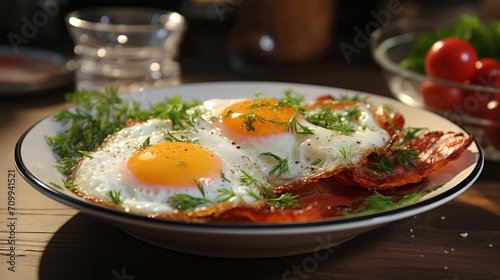 Traditional breakfast with fried eggs and bacon on the plate.