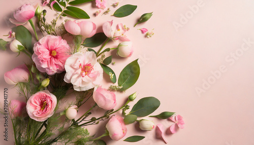 Spring composition of pink flowers on punchy pastel background with copy space. Creative layout. Flat lay. Top view. Summer minimal concept.
