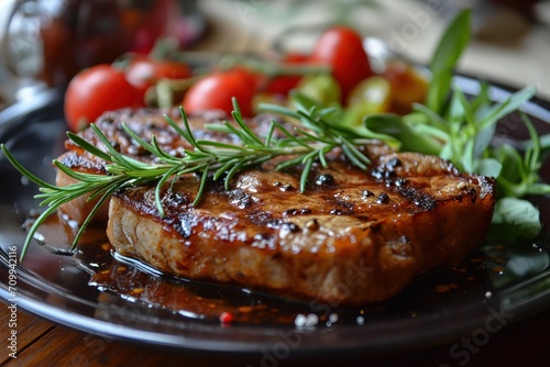 Grilled steak with herbs and tomatoes on a black plate