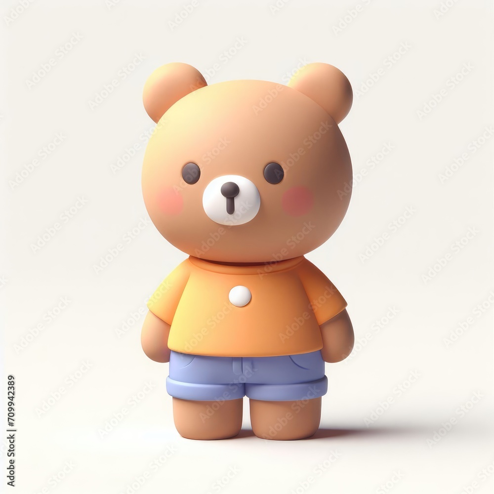 Obraz premium Toy Teddy Bear in Clothes. 3D Cartoon Clay Illustration on a light background.