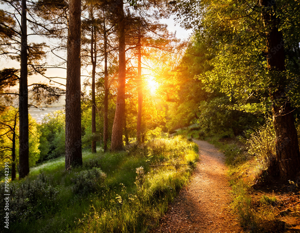 Sunset In The Forest; trees and path with evening light