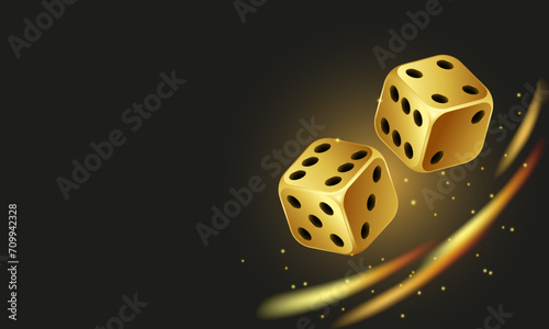 Golden realistic 3D dice on a black background.Banner with copy space. Casino, board games.Vector stock illustration.
