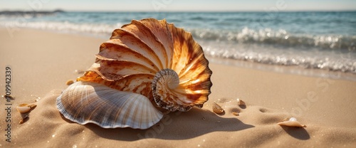  A stunning sea shell, intricately patterned and delicately colored, resting on the warm, golden sand of a tranquil beach, with gentle waves lapping at its edges