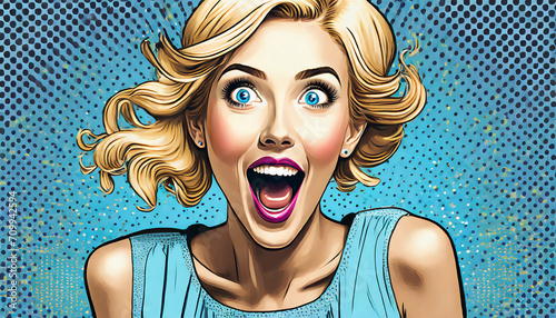 Surprised happy excited young attractive blonde woman with wide open blue eyes and open mouth, illustration in vintage pop art comic style