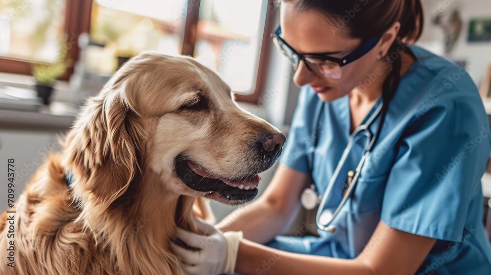 Gorgeous Woman Veterinary Caressing a Majestic Golden Retriever. Fit Animal at an Exam in Contemporary Animal Clinic with Joyful Compassionate Physician.