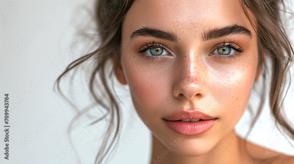 Naklejka premium Gorgeous woman receives spa treatment for flawless skin and makeup.