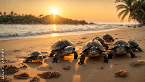 Following their hatch, a bunch of newly hatched young turtles head towards the water as the sun sets.