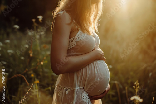 Pregnant woman in the garden, Motherhood banner 