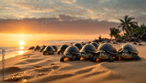 As the sun sets on the horizon, a group of baby turtles, freshly hatched, begin their journey going towards the ocean
