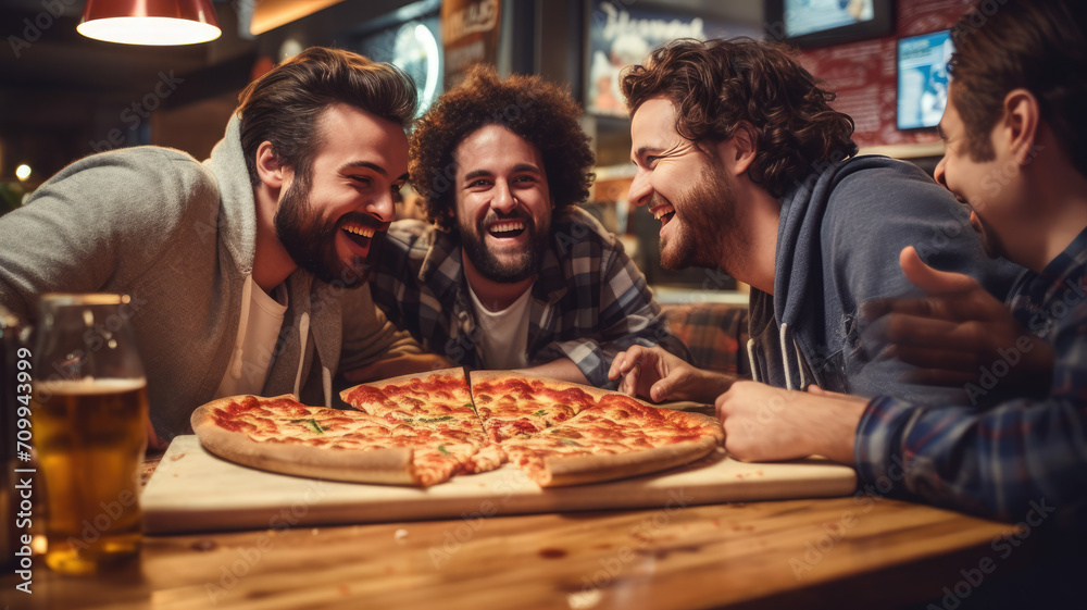 Group of Friends Sharing Pizza in Pizzeria