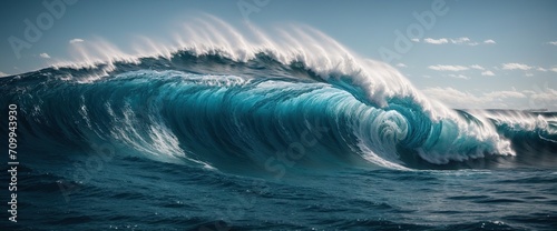 A towering wave that appears to reach the sky is formed as the deep blue sea water churns and swirls.