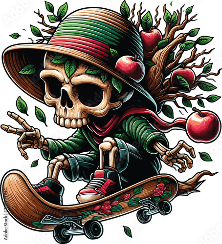 Skull skateboarding tree theme drawing in a warrior outfit, fighter pose, chibi style