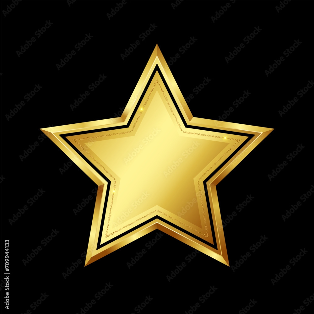 Golden star realistic on black background for design.Award ceremony, anniversary, premium product.Vector stock illustration. Golden star realistic on black background for design.Award ceremony, anniversary, premium product.Vector stock illustration.