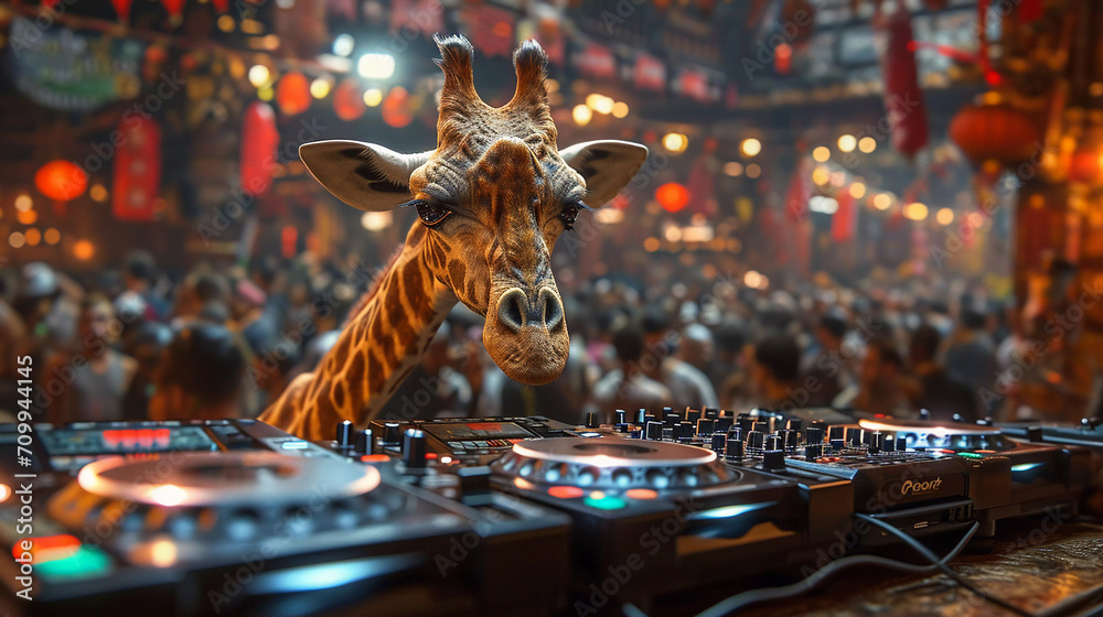 Disco Giraffe Spinning Decks at Neon-Lit Party