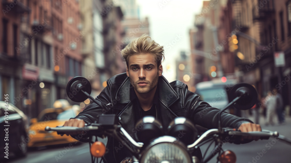 Portrait of a handsome blond man in a leather jacket on a motorcycle against the backdrop of New York streets. Portrait of a handsome blond man in a leather jacket on a motorcycle against the backdrop of New York streets.