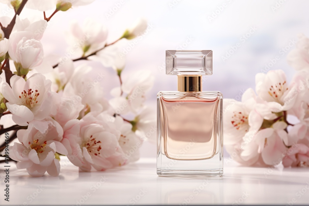 Perfume bottle display with floral adornments on white backdrop. Perfume bottle display with floral adornments on white backdrop.
