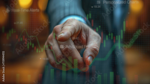 Doigt d'un homme d'affaires pointant vers un graphique de bourse affiché sur une interface virtuelle. A businessman's finger pointing at a stock market chart displayed on a virtual interface.