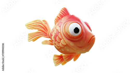 Concept art character of a sad little сute cartoon kawaii funny spherical goldfish with big bulging eyes, yellow belly and red back, round stylized scales floats in air. 3d render isolated transparent