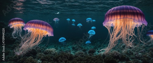 purple and blue glowing jellyfish illuminating a dark and mysterious underwater panaromic view 
