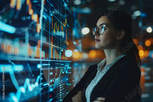 business woman looking at trading chart, digital display screen