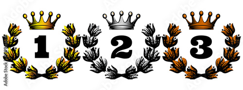 Vector color illustration with a set of laurel wreaths with crown for winners on pedestal. Elements for design