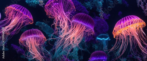 a bioluminescent purple jellyfish  glowing a dark and mysterious underwater panaromic view photo