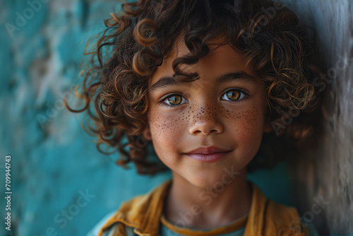 Portrait of a little boy with freckles on his face. Happy boy with freckles on face. Closeup portrait of redhaired little kid with freckles on dark background