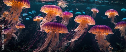 a bioluminescent jellyfish illuminating a panoramic underwater scene of purple and golden glowing jellyfish that is gloomy and mysterious.