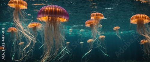 a bioluminescent jellyfish illuminating a panoramic underwater scene of purple glowing jellyfish that is gloomy and mysterious.
