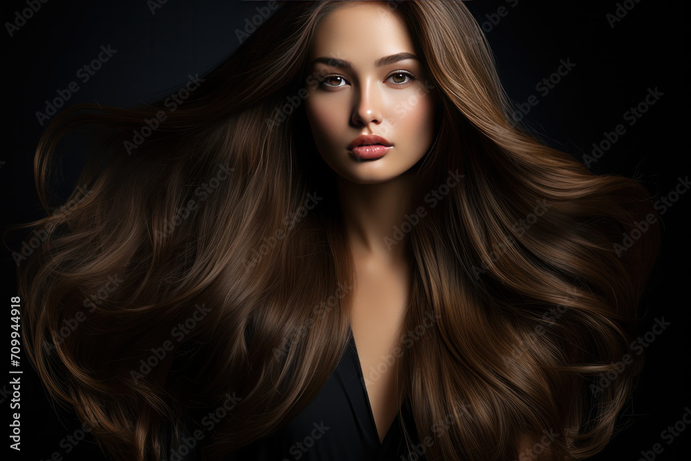 Woman with long shiny and healthy hair, hair treatment concept 