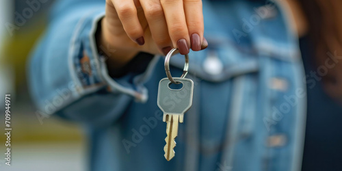 close up of a person holding a key from a new house, investment in a house concept 