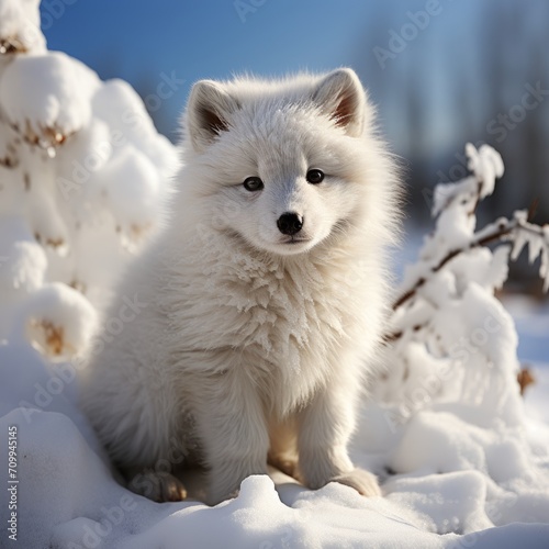 Photo of a baby arctic fox with a pristine white coat. Generative AI