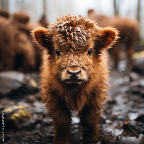 Photo of a baby bison with its fluffy, chocolate-brown fur. Generative AI