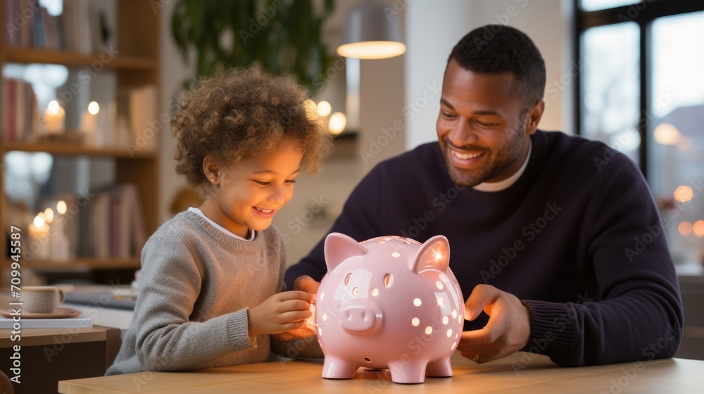 Child learns to save money with piggy bank at home - obrazy, fototapety, plakaty 