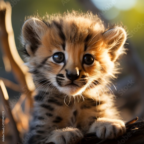 Photo of a baby cheetah cub with distinctive spots. Generative AI