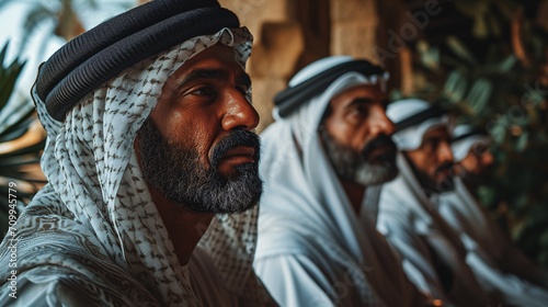 Corporate executives from the Middle East dressed in traditional Emirati attire hold a meeting in a Dubai office - UAE business team collaborating and generating ideas.