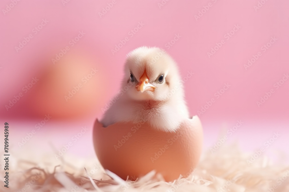 Pink cute chick in the egg on a pink background 