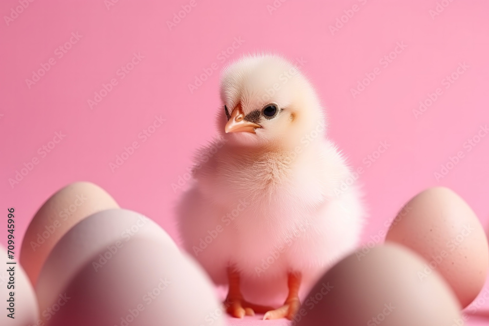Pink cute chick in the egg on a pink background Pink cute chick in the egg on a pink background