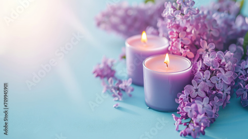Lilac scented aroma burning candles with lilac flowers on a blue background 
