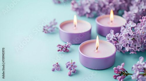 Lilac scented aroma burning candles with lilac flowers on a blue background 