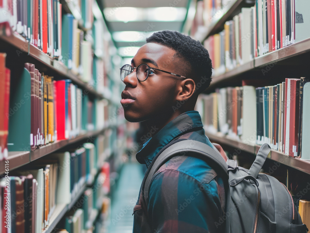 Serious african american male student looking away while standing in library